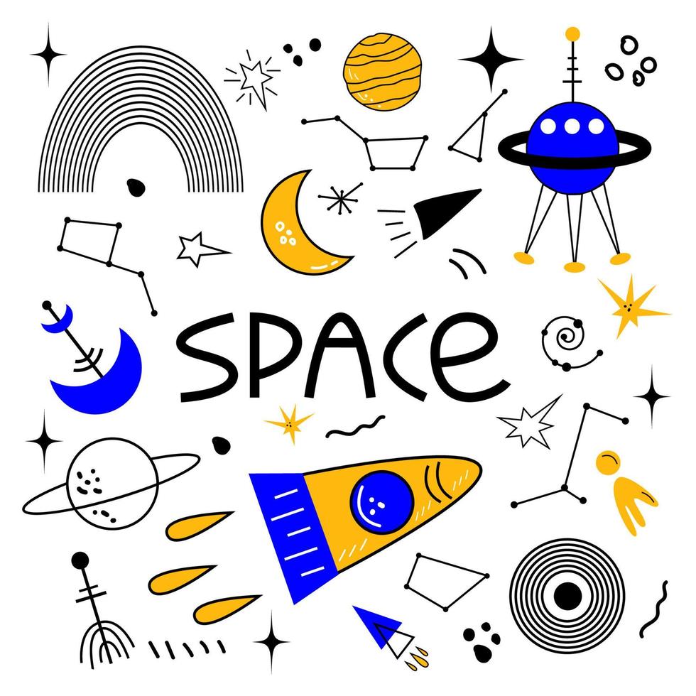 Space Set. Vector hand drawn outline illustration of Space concept. Black contour doodle, line art.  Coloring book design element. Poster, greeting card