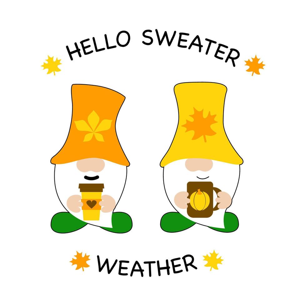 Hello sweater weather. Autumn gnomes with coffee and inscription. Fall season. Cute printables autumn design. Vector illustration