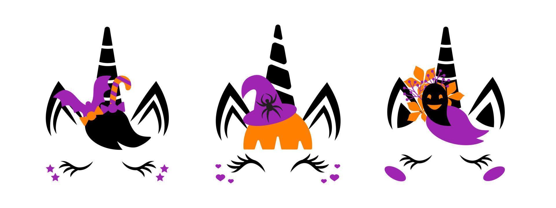 alloween Unicorns icons. Unicorn Face with bat, spider, hat. three unicorn heads vector