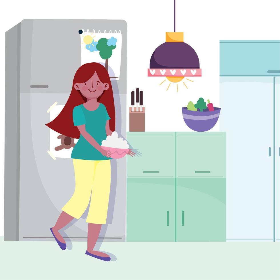 people cooking, girl holding bowl with food in the kitchen vector