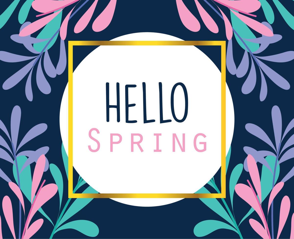 hello spring, round badge frame leaves nature black background vector