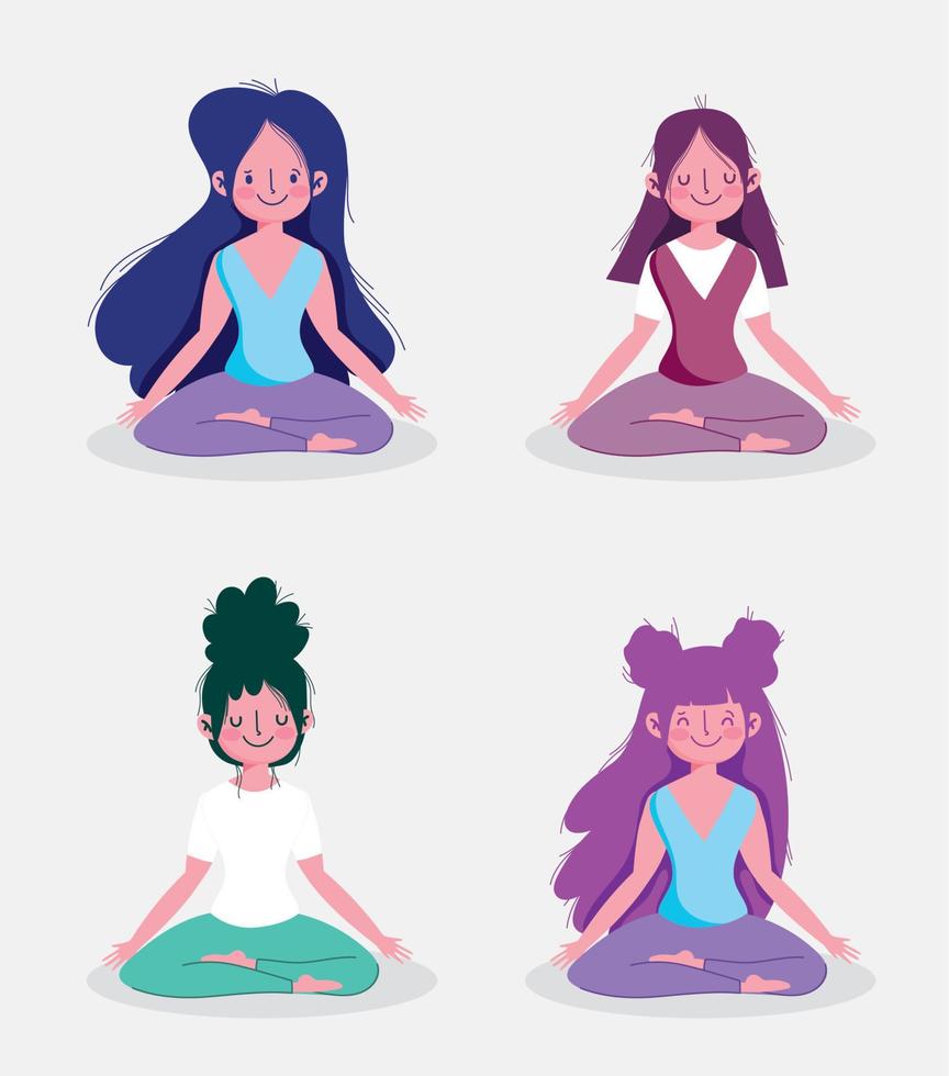 group women practicing yoga pose lotus activity sport exercise at home vector