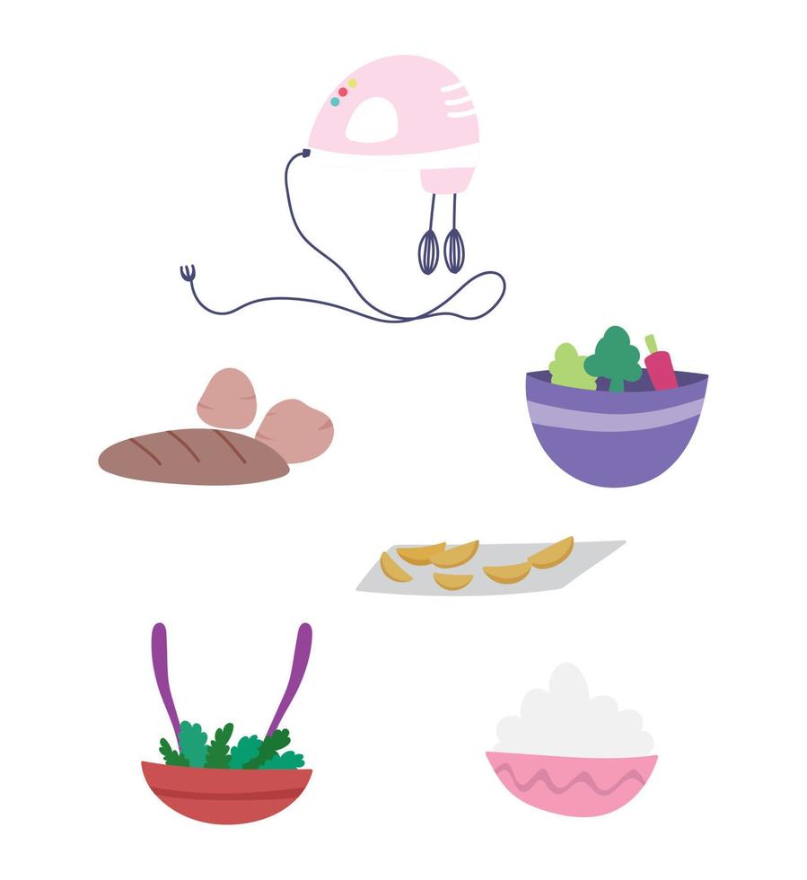 cooking electric mixer baked bread vegetables salad and bowl icons vector