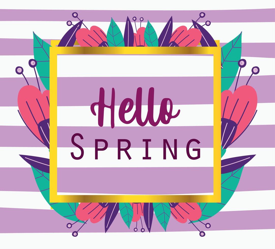 hola primavera, frase banner flores decoración rayas fondo vector