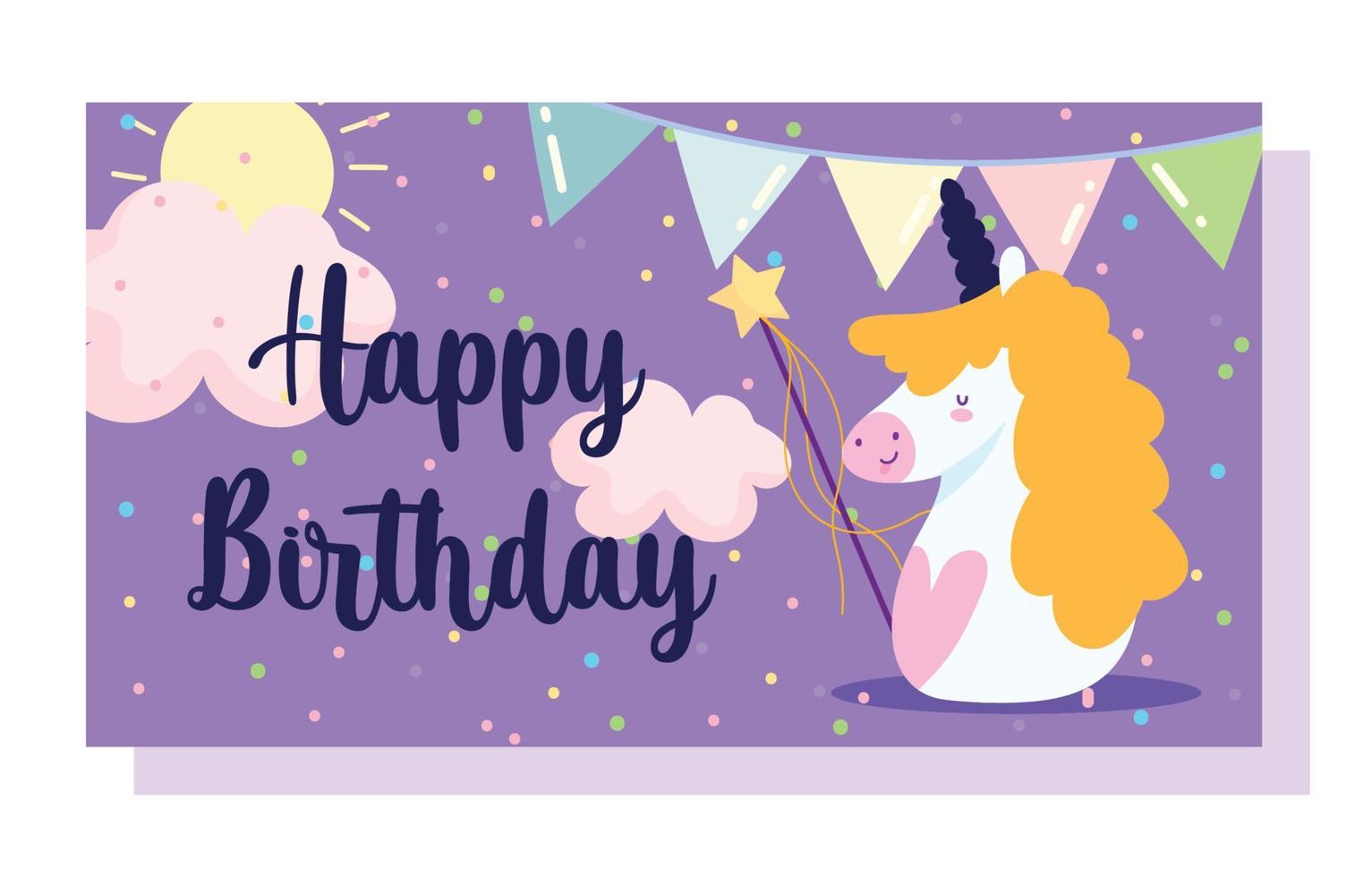 happy birthday, cute unicorn magic wand pennants cartoon celebration decoration card vector