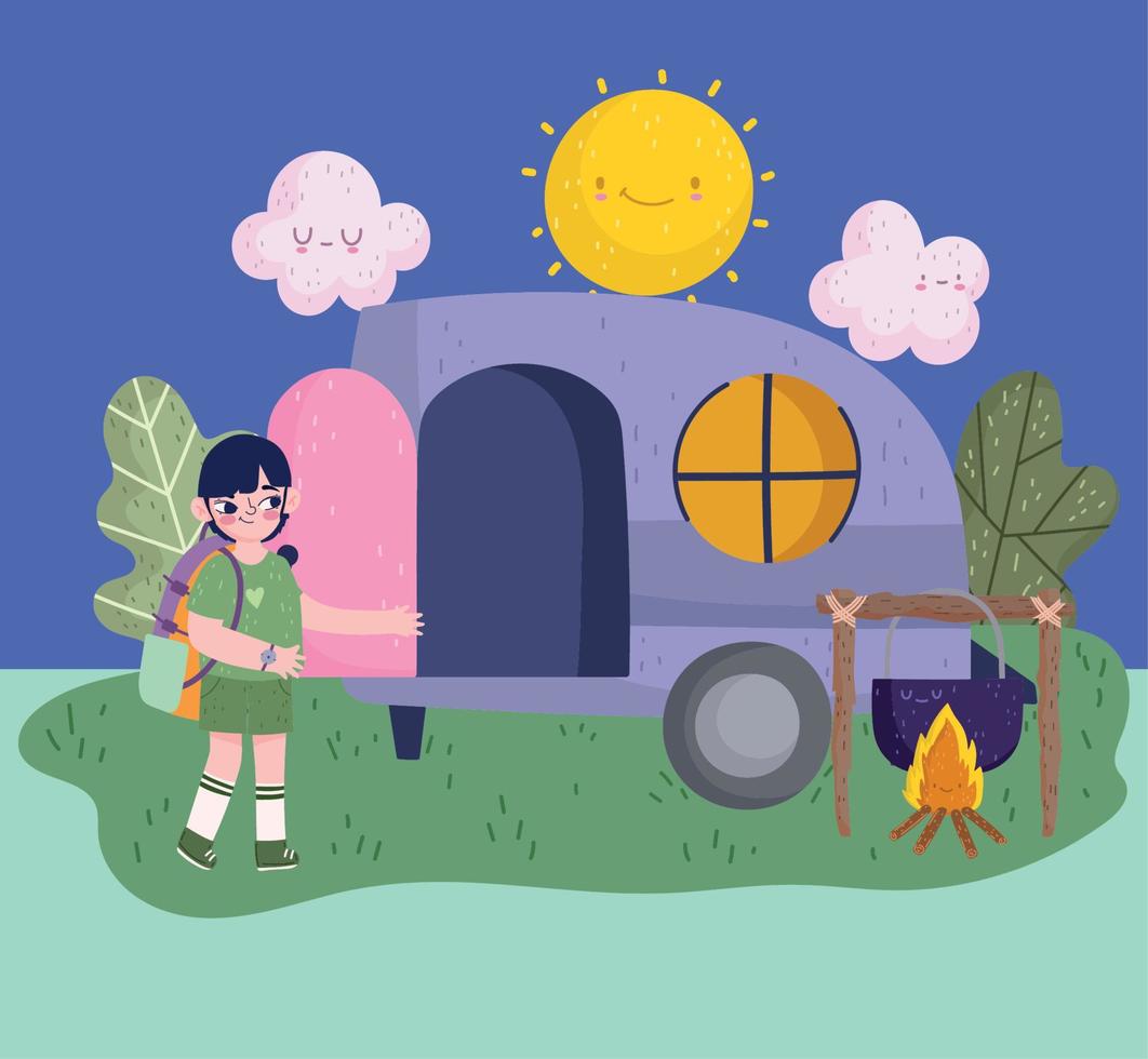 camping, boy with backpack camper bonfire pot in cartoon style vector