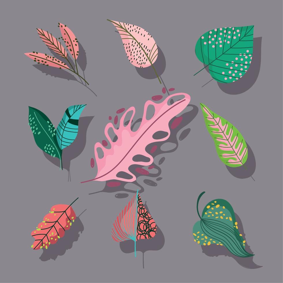 leaves foliage decoration simple cartoon style icons set vector