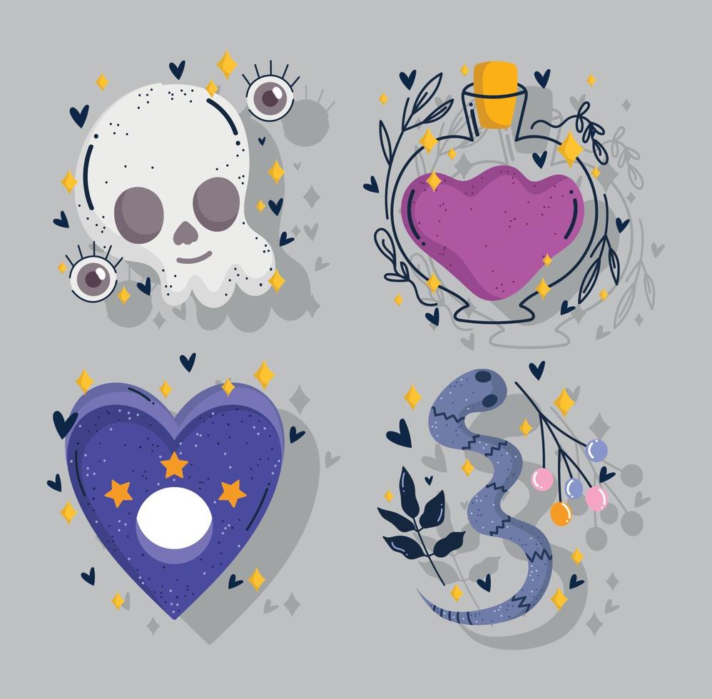magic icons skull snake spell fantasy and mystery cartoon vector