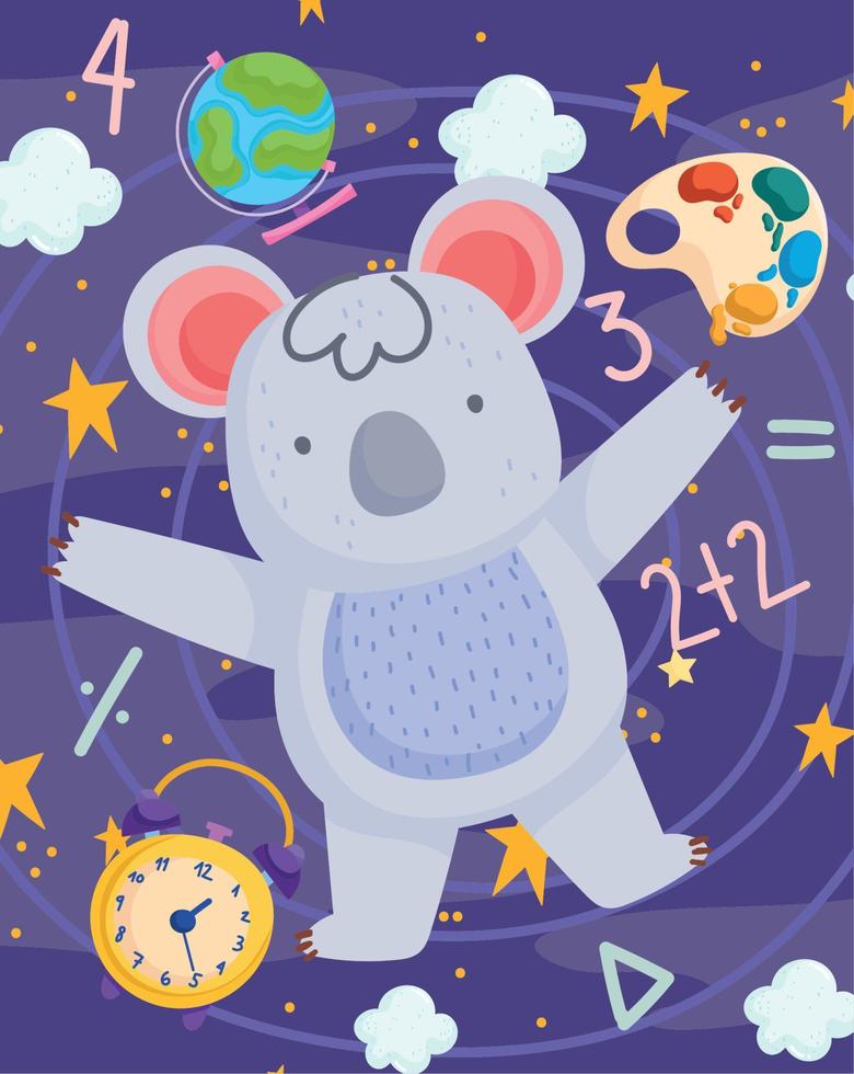 regreso a la escuela, lindo koala reloj mapa educativo dibujos animados vector