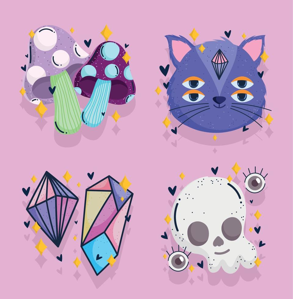 magic cat skull crystal spooky mystery fortune cartoon vector