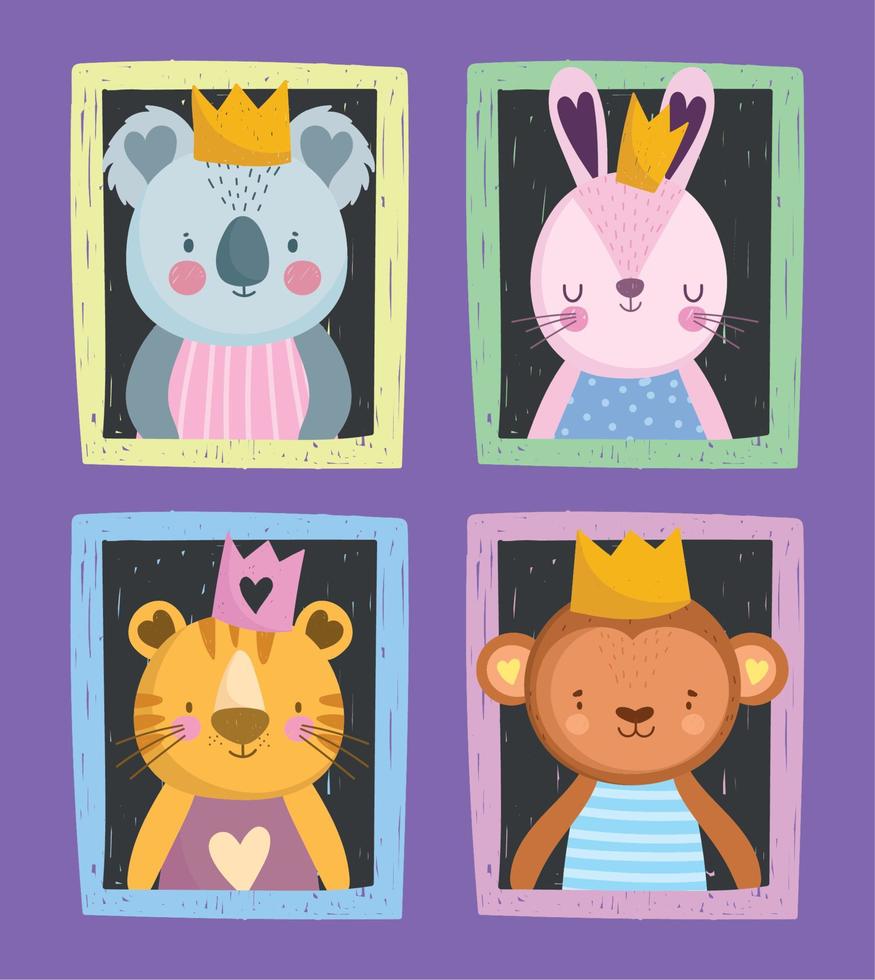 cute koala rabbit tiger and monkey with crown portrait drawn style vector