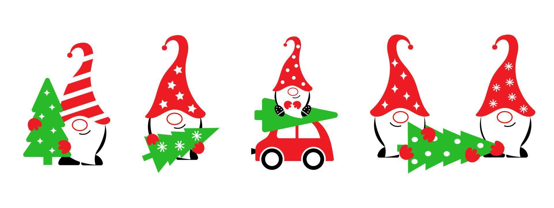 Christmas holiday gnomes set. Cute gnomes with christmas tree. Funny elves on isolated white background. Vector illustration