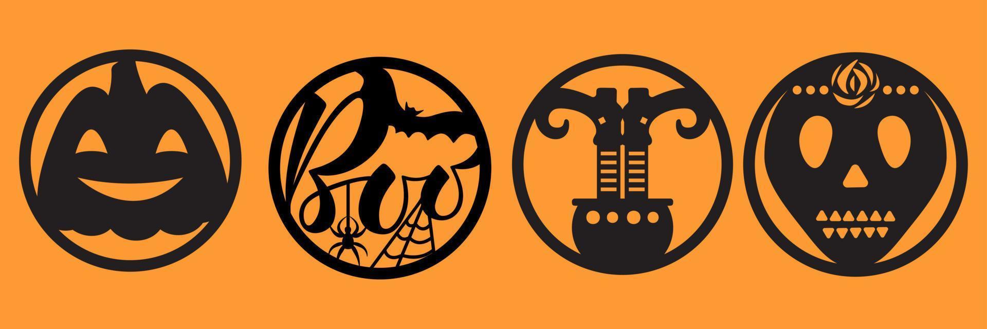 Halloween icons set. Halloween round shape  badge black color. Horizontal orange background. Vector. vector