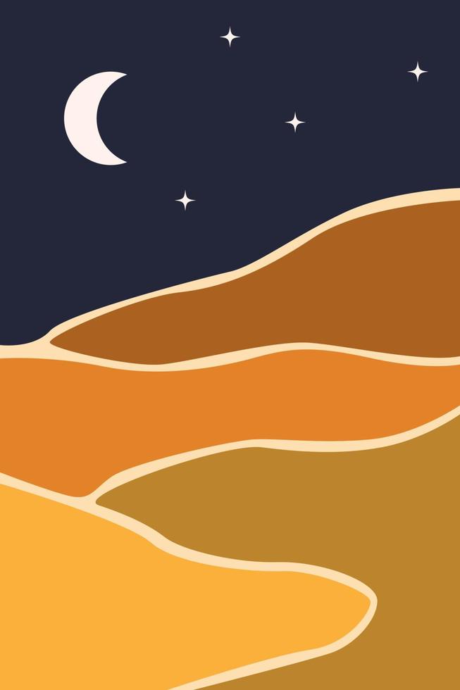 ilustraciones de paisajes abstractos minimalistas de moda. boho wall print.vector abstracto contemporáneo estético noche fondo paisaje con montañas, luna. arte y diseño minimalista moderno vector