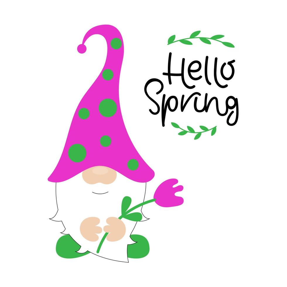 Hello Spring typography poster. Lettering with cnome. Inspiring motivational phrase, scandinavian style saying.Greeting card, poster, T shirt print design. vector