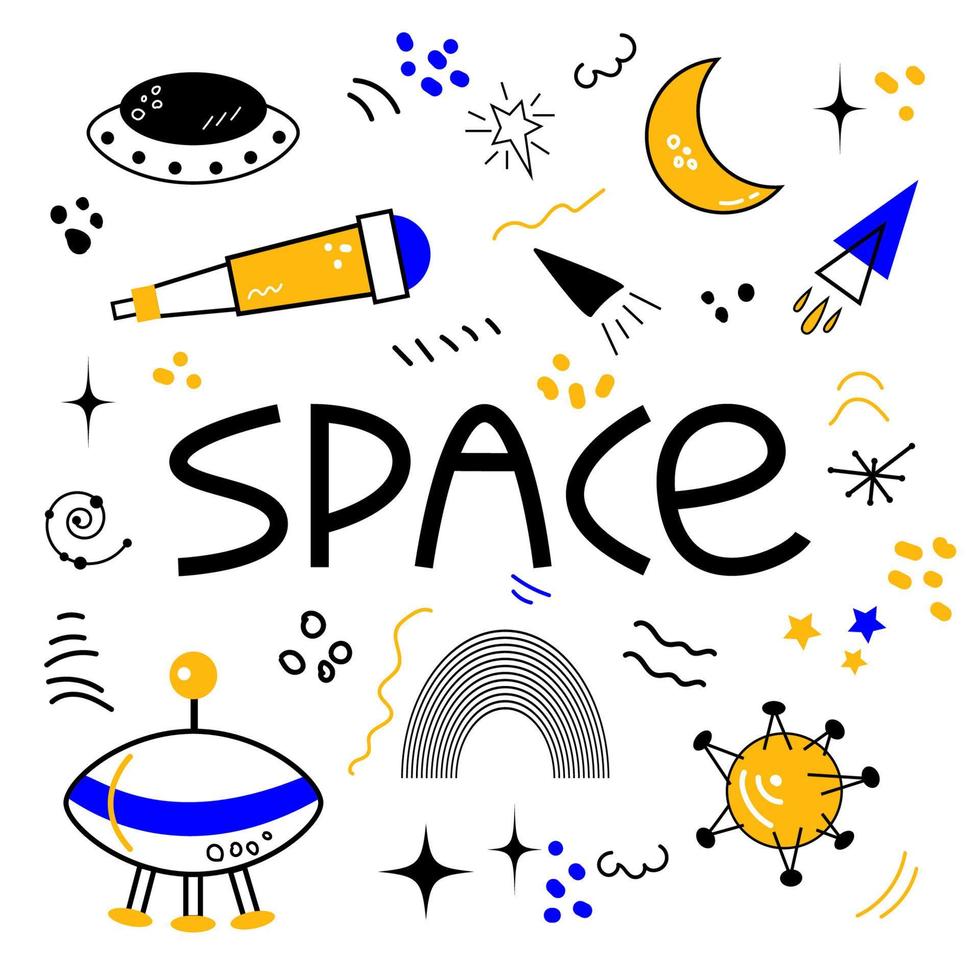 Space Set. Vector hand drawn outline illustration of Space concept. Black contour doodle, line art.  Coloring book design element. Poster, greeting card