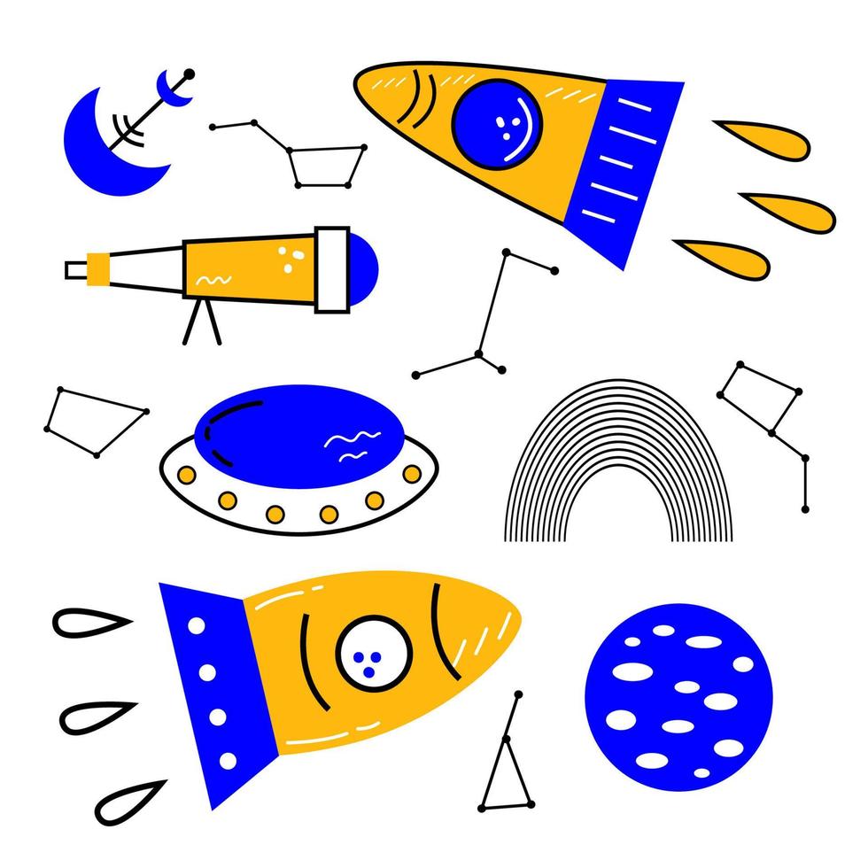 Space Set. Vector hand drawn outline illustration of Space concept. Black contour doodle, line art.  Coloring book design element. Poster, greeting card