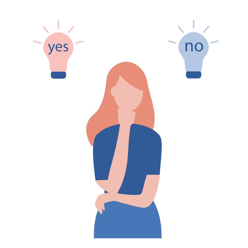 A young woman decides - yes or no. The concept of choice. problem solving concept, woman thinking, with question mark and light bulb icons. Vector