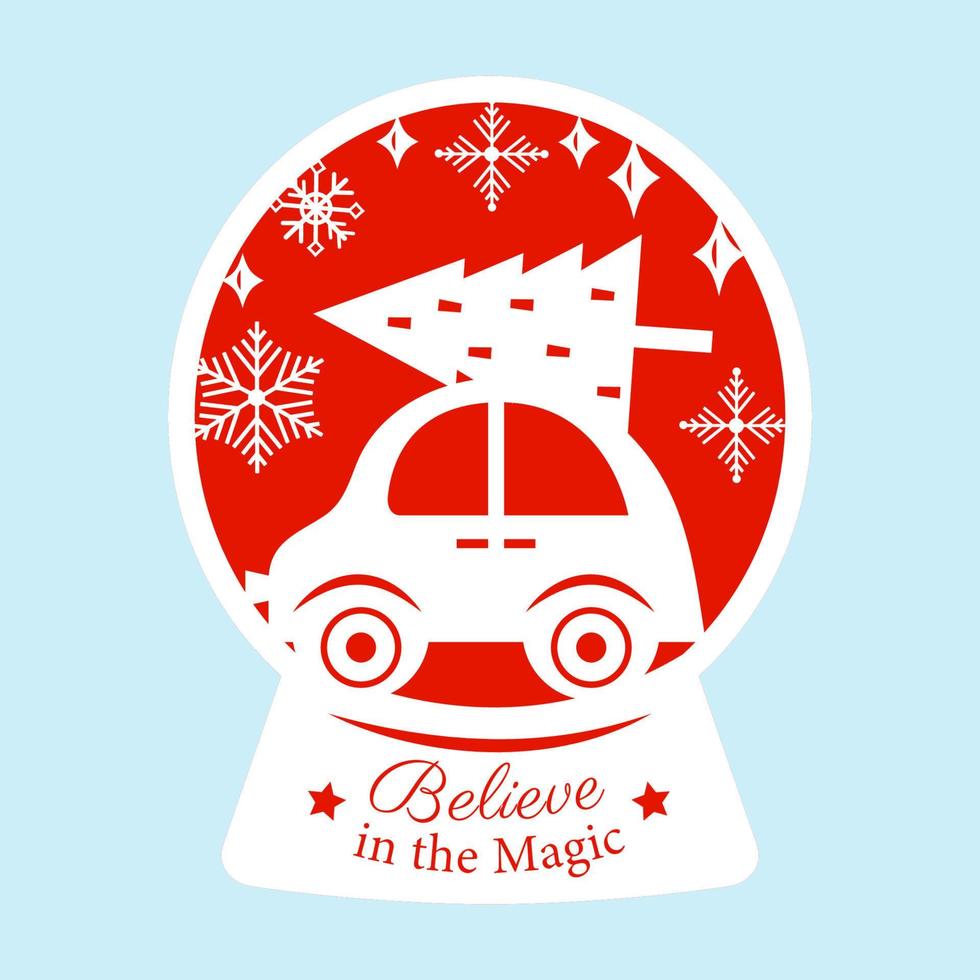 Christmas  snow globe with holiday car and christmas tree.  Laser cut. Silhouette vector illustration. Perfect for the laser cut, plotter