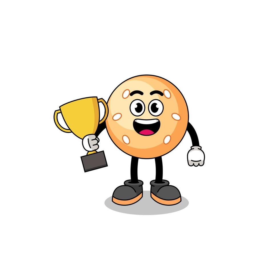 Cartoon mascot of sesame ball holding a trophy vector