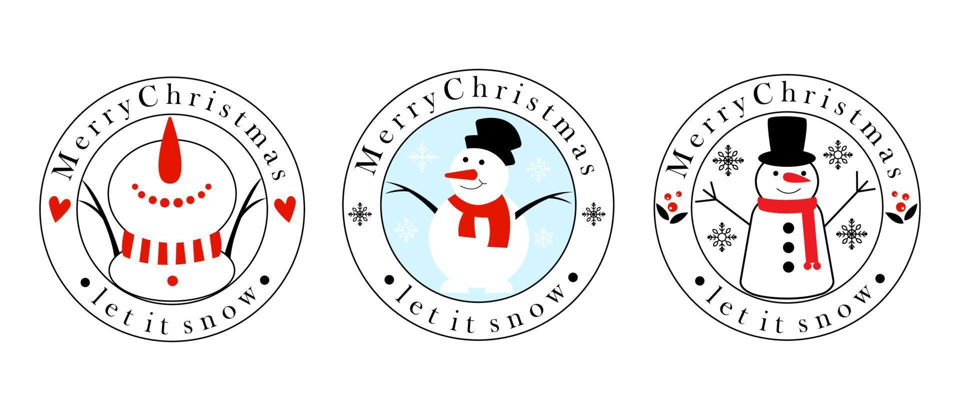 Set of logos with snowman. Christmas typography badges for postcards, gift and banner. Design elements collection with decorations ornaments.Vector vector