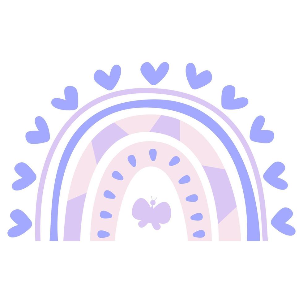 Boho Nursery Rainbow Print For Playroom And Kids, Baby Bedrooms With Neutral Gender Colors.Cute vector pastel rainbow with heart isolated on white background