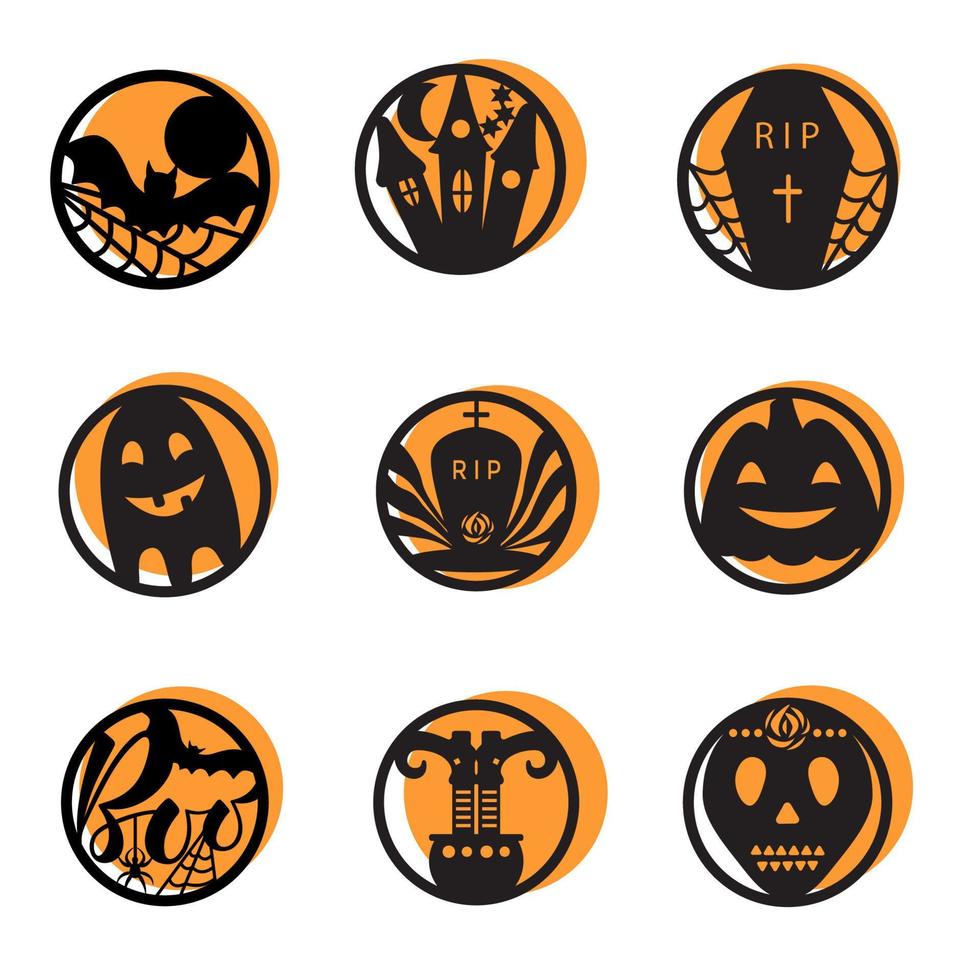 conjunto de iconos de halloween. insignia de forma redonda de halloween color negro sobre fondo naranja. vector. vector