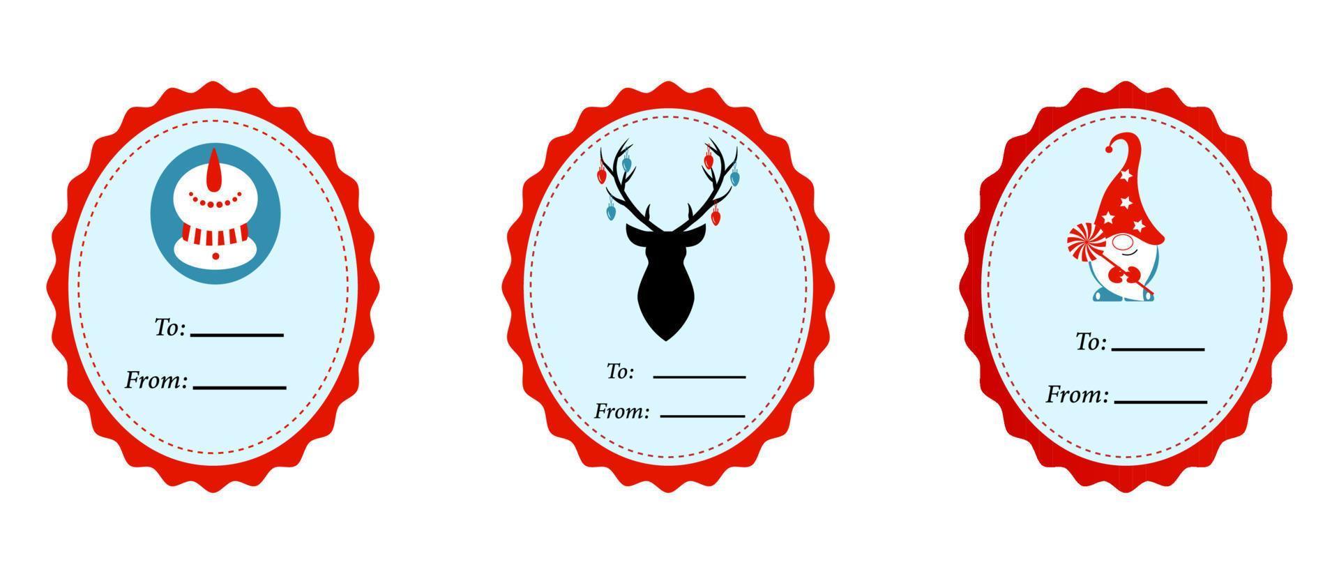 conjunto de etiquetas de regalo en blanco de navidad. etiqueta vintage de vacaciones en colores azul y rojo. vector