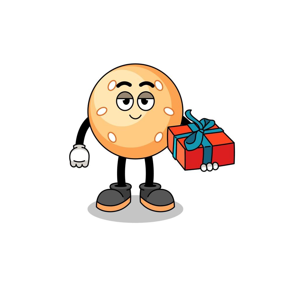 ilustración de mascota de bola de sésamo dando un regalo vector