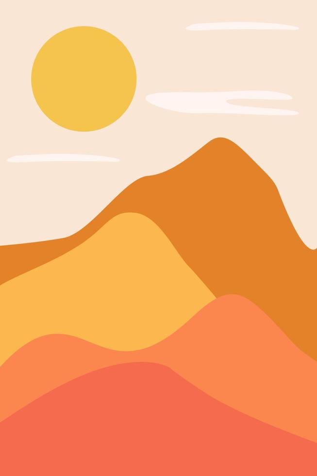 paisaje de fondo estético contemporáneo abstracto vectorial con sol, montañas. decoración de impresión con textura de pared boho en estilo plano. arte y diseño minimalista moderno. vector