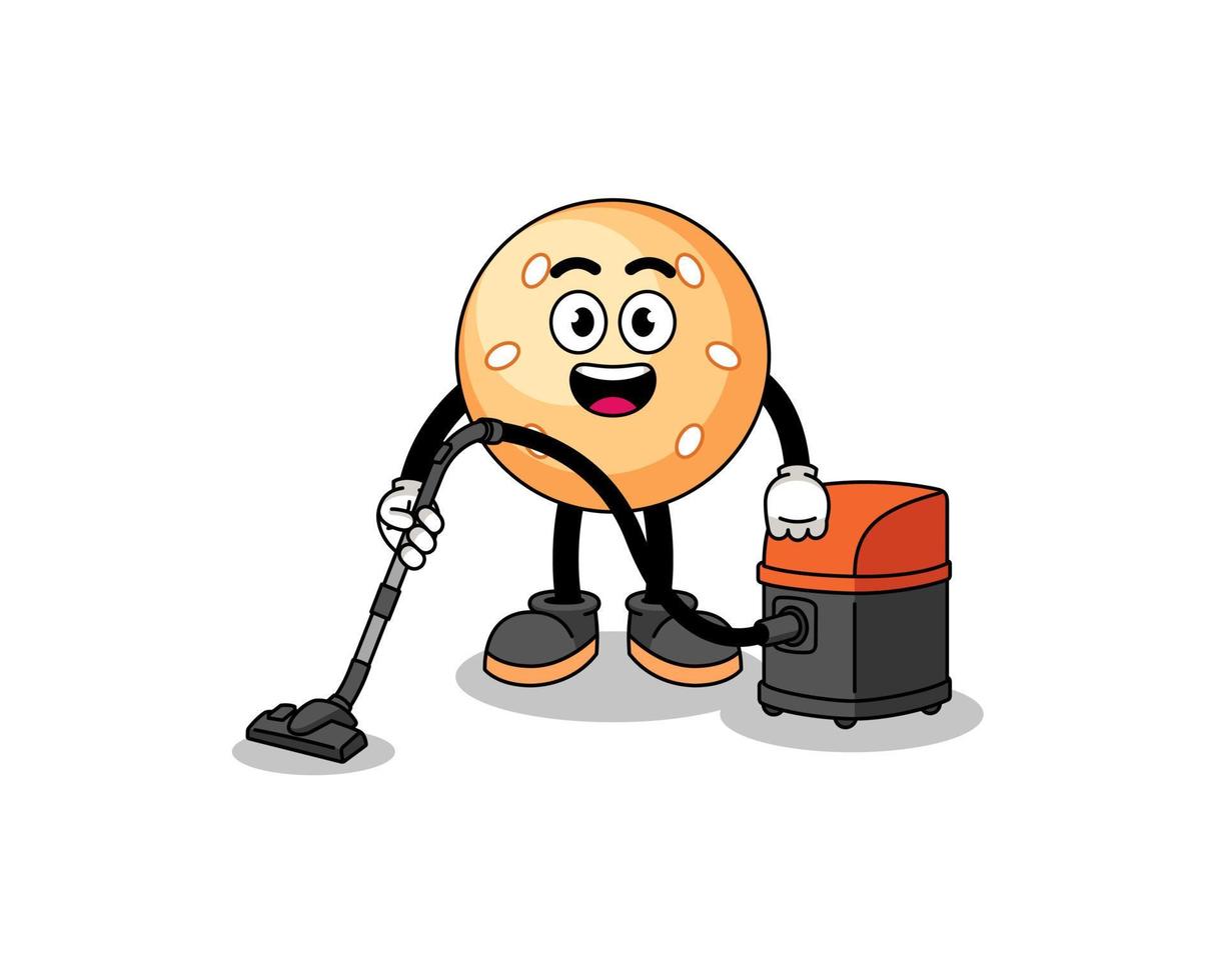 Character mascot of sesame ball holding vacuum cleaner vector