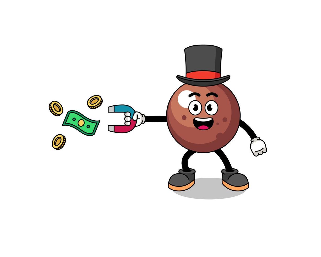 ilustración de personaje de bola de chocolate atrapando dinero con un imán vector