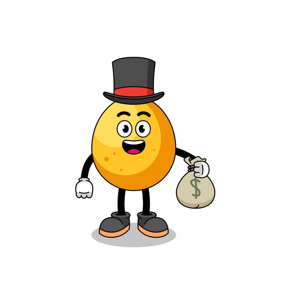 ilustración de mascota de huevo dorado hombre rico sosteniendo un saco de dinero vector