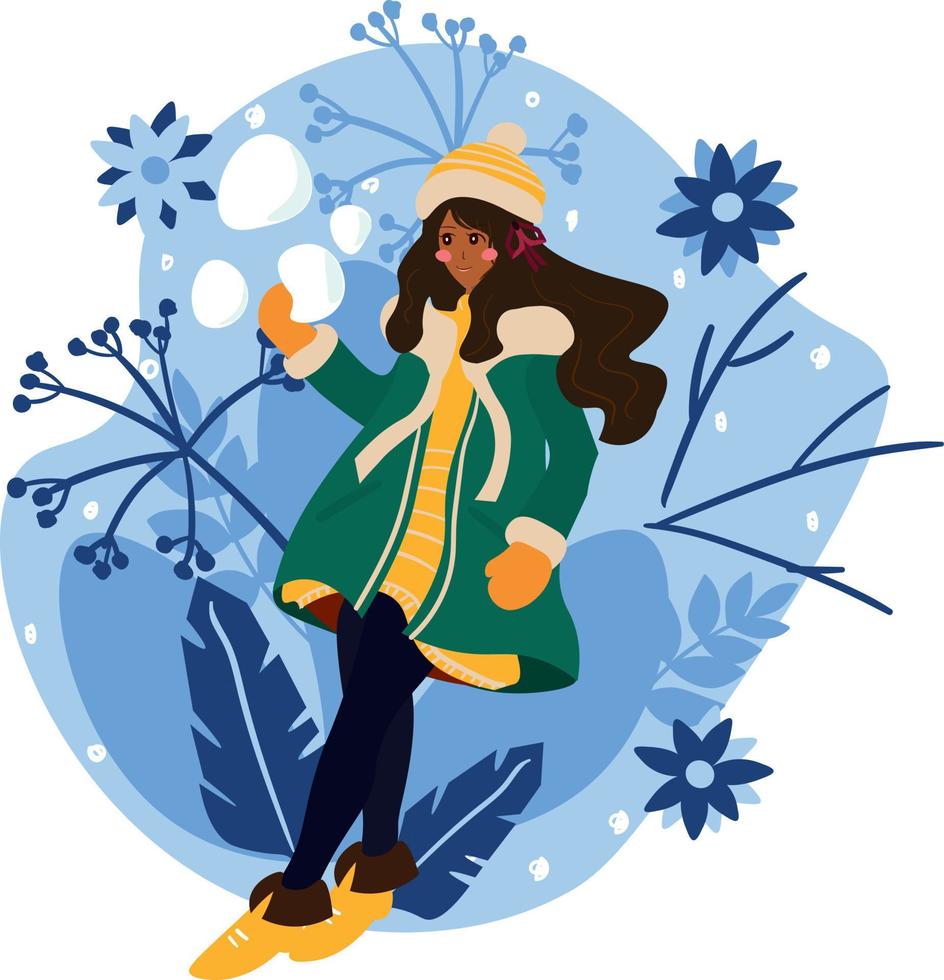 Trendy young woman in warm down jacket and hat vector flat illustration.