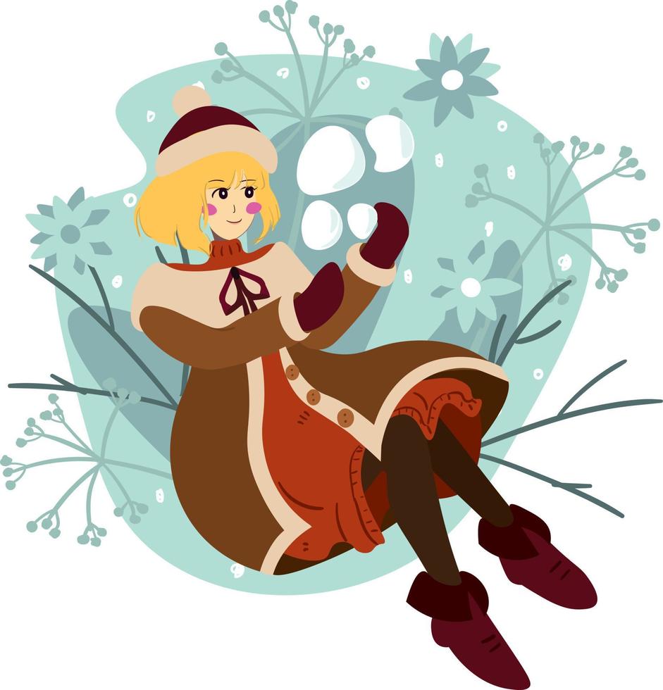 Trendy young woman in warm down jacket and hat vector flat illustration.