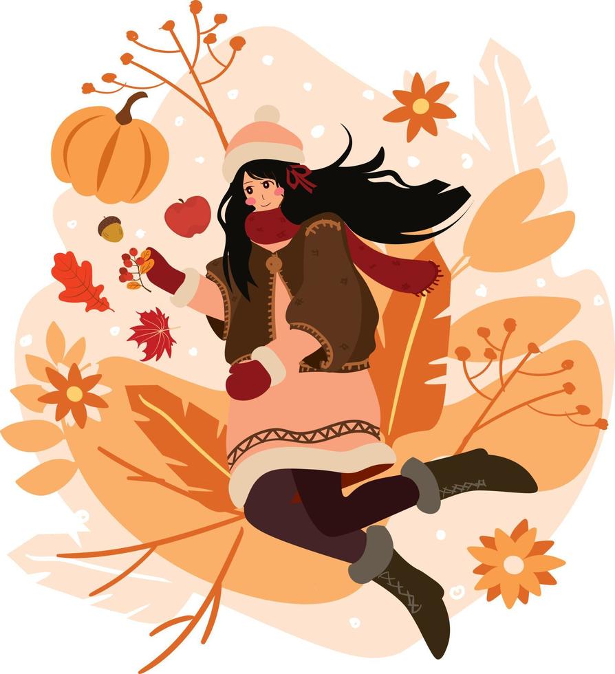 Trendy young woman in warm down jacket and hat vector flat illustration.