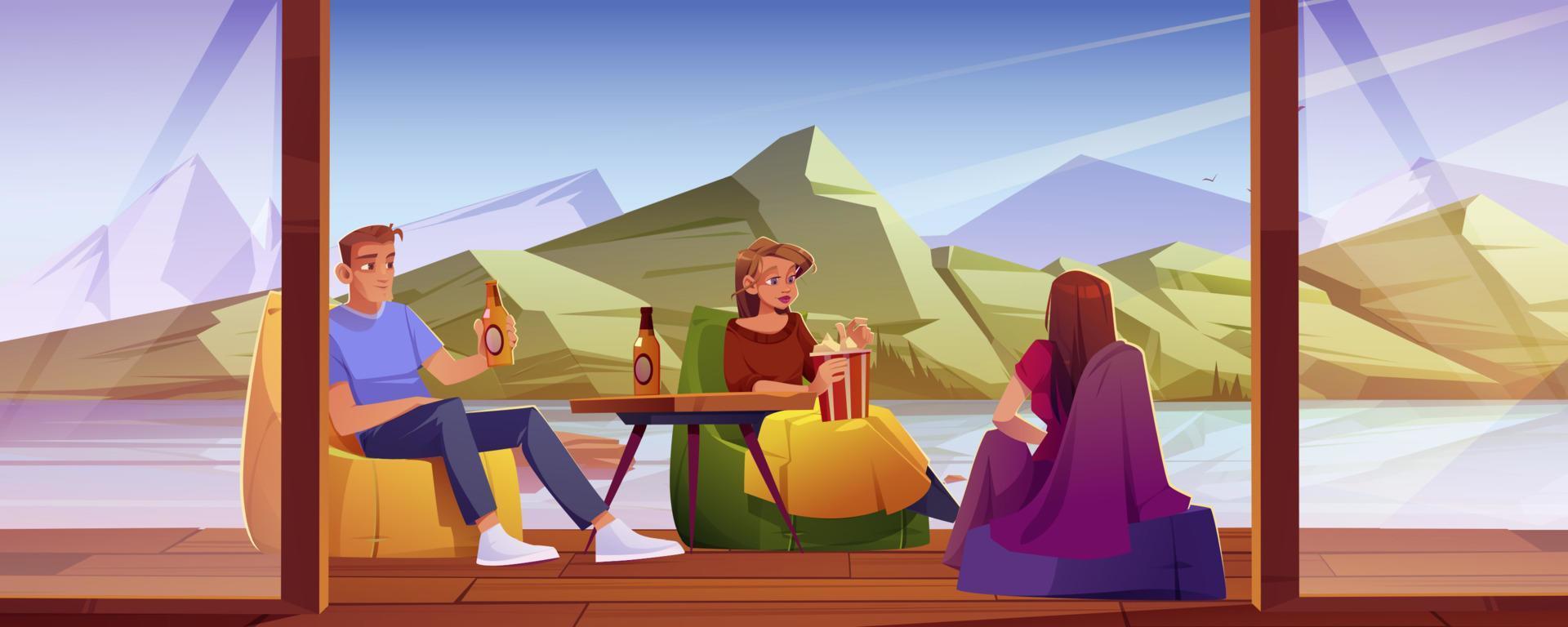 People relax on home terrace with view on lake vector