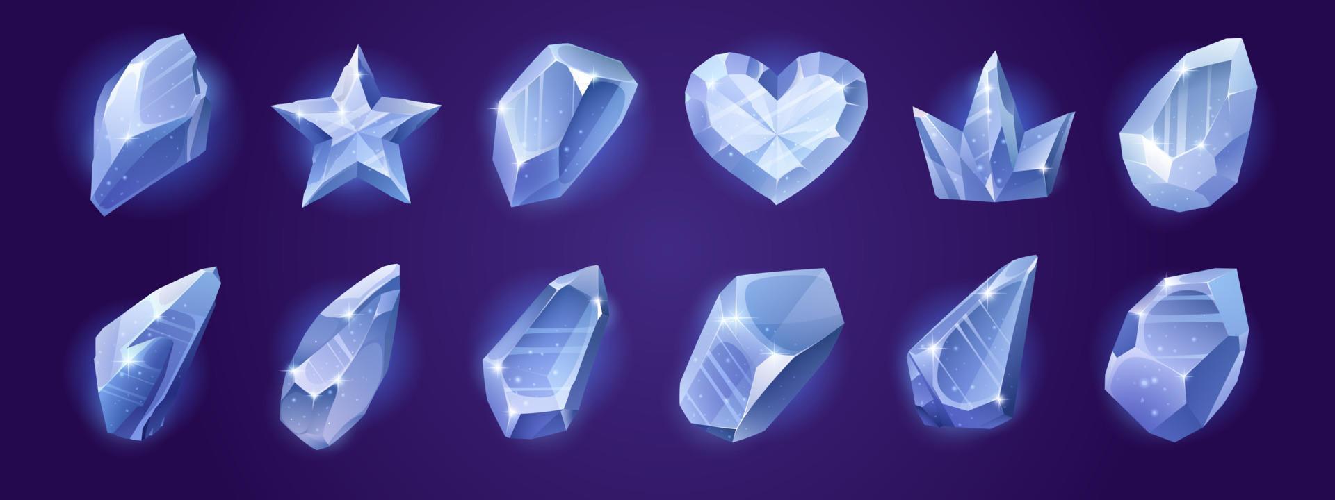 Game icons of diamond crystals, blue shiny gems vector
