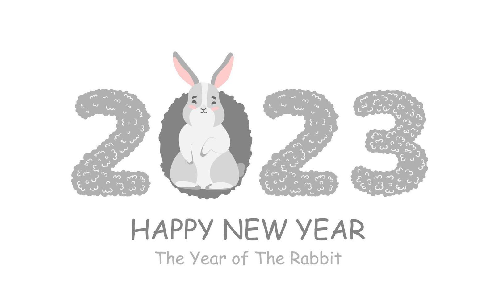feliz año nuevo 2023. año nuevo lunar chino 2023, año del conejo. grandes números con lindo conejito, liebre. diseño de fondo para decoración navideña, tarjeta, afiche, pancarta, volante vector