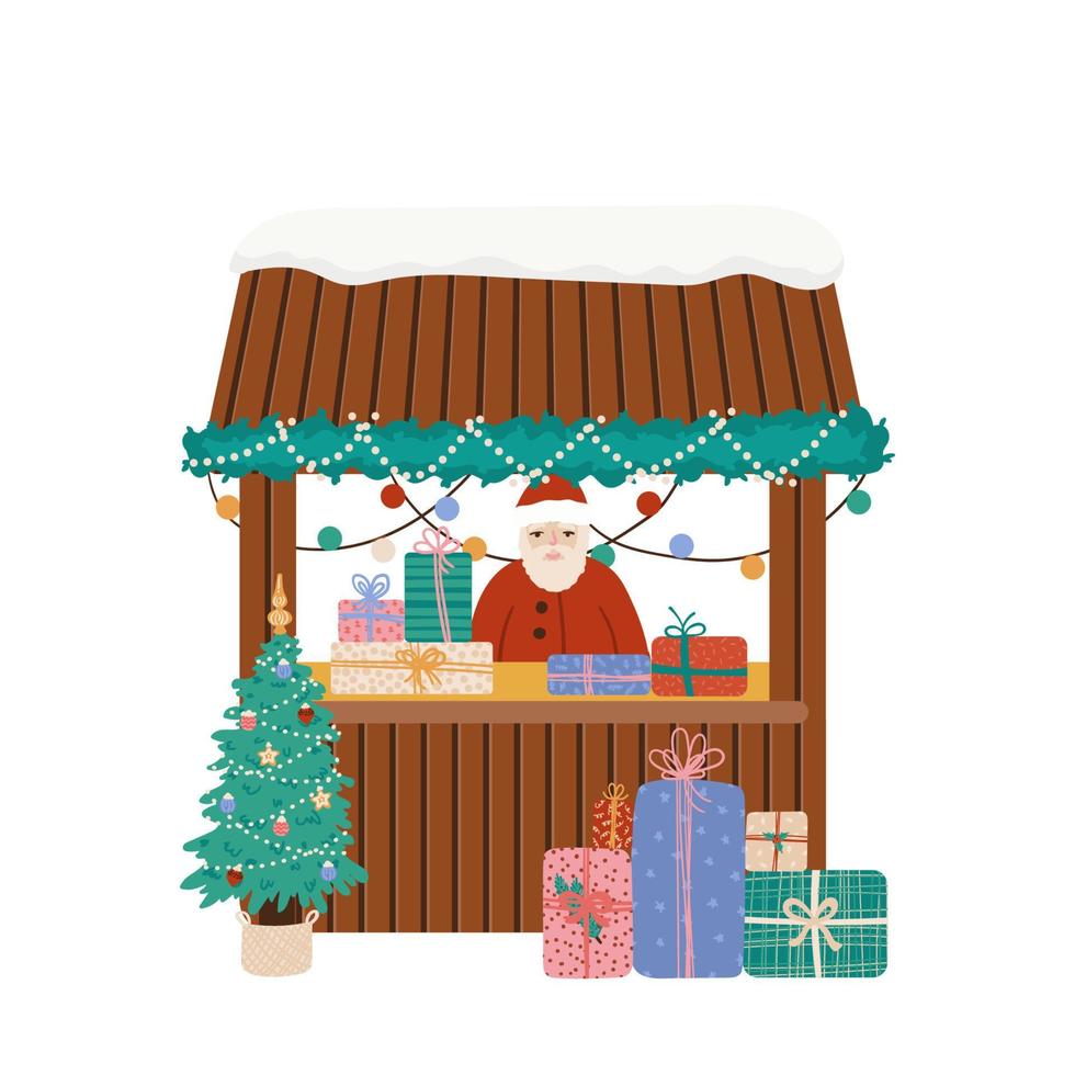 Christmas market. Winter holiday festive fair. Showcase with gifts. Wooden house kiosk decorated with garland, balls. Cartoon, vector illustration, card, flayer