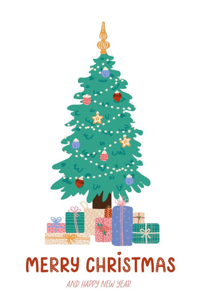 árbol brillante brillante de navidad con decoraciones y cajas de regalo. tarjeta de feliz navidad y feliz año nuevo. fondo de vacaciones. ilustración vectorial vector