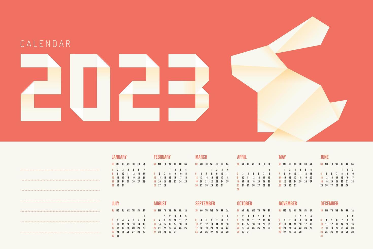 Calendario de origami de conejo 2023. papel lunar feliz año nuevo diseño vectorial. vector