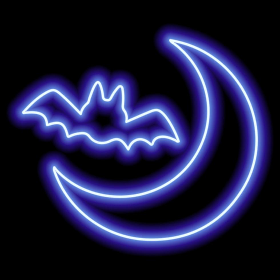 Neon blue outline of a bat and moon on a black background. Halloween. vector