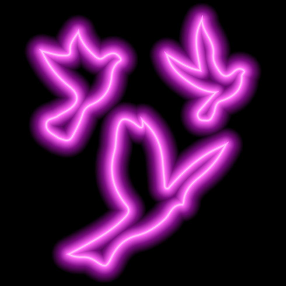 Pink neon silhouettes of three birds flying in the sky on black. Freedom, flight, upward movement vector