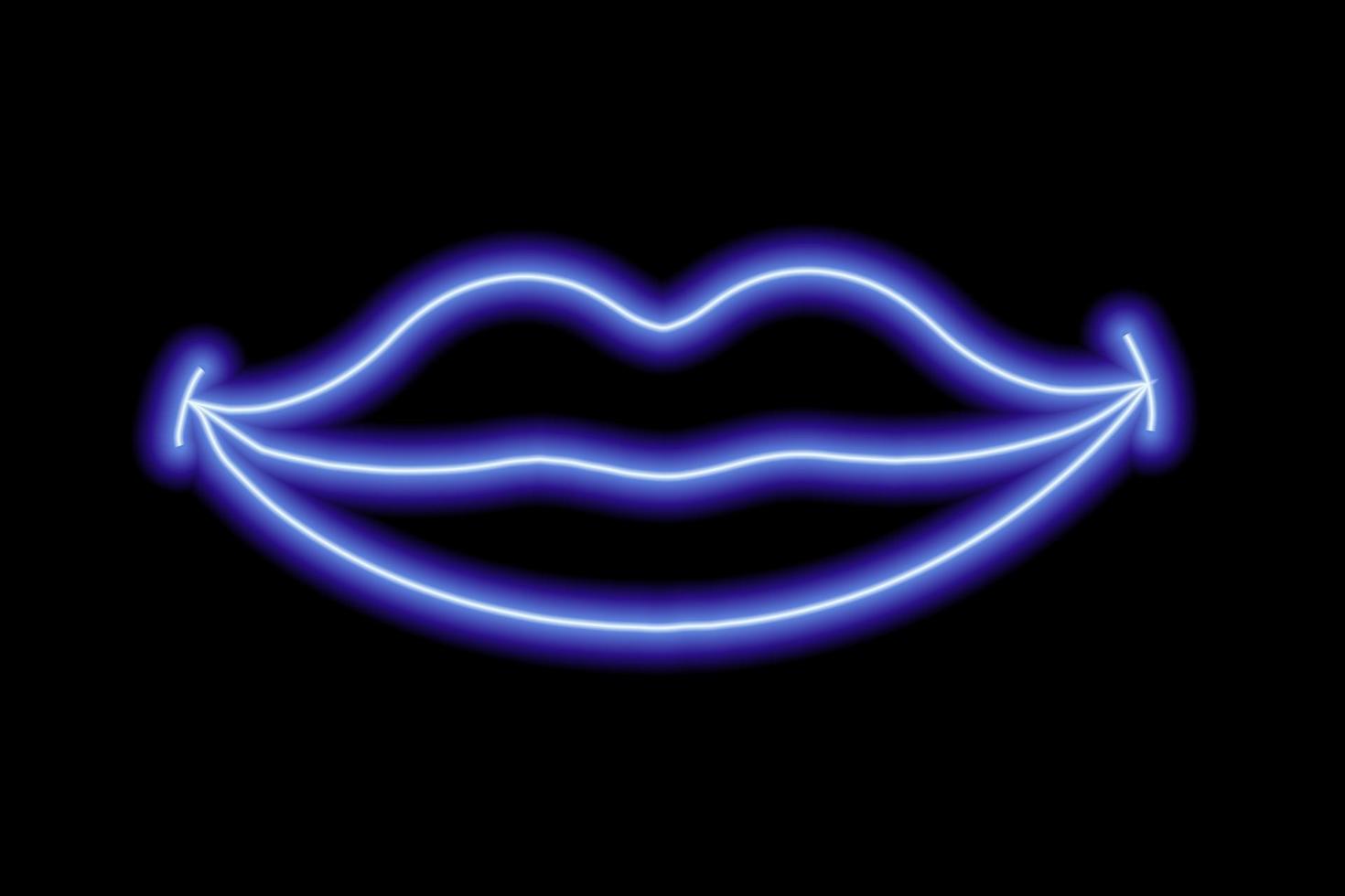 Blue neon smiling lips on a black background. The contour of the women's lips. Kiss vector