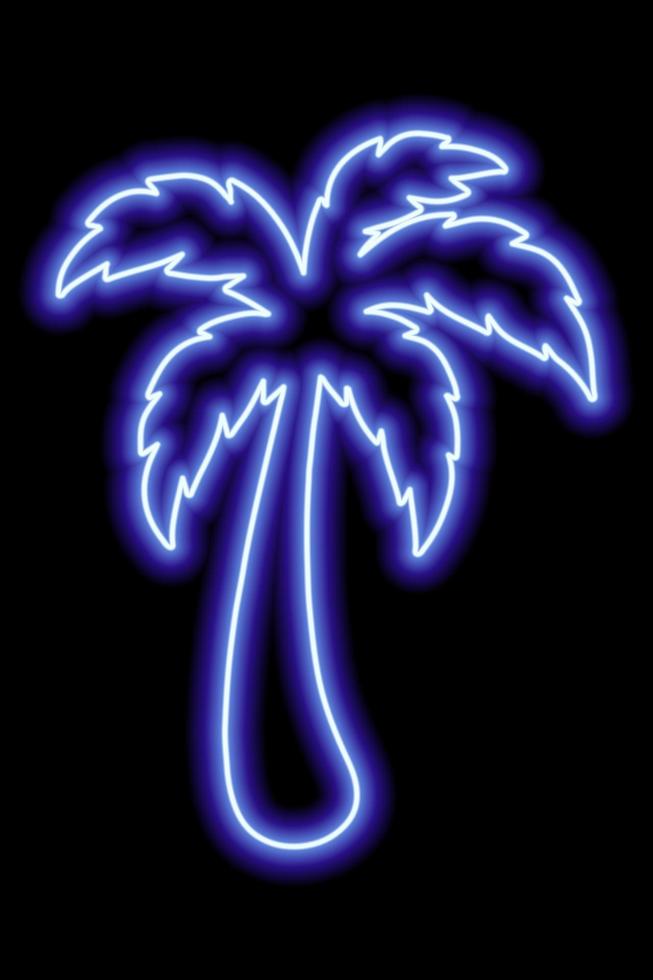Blue neon outline of palm tree on a black background. Rest, travel, vacation. Icon illustration vector