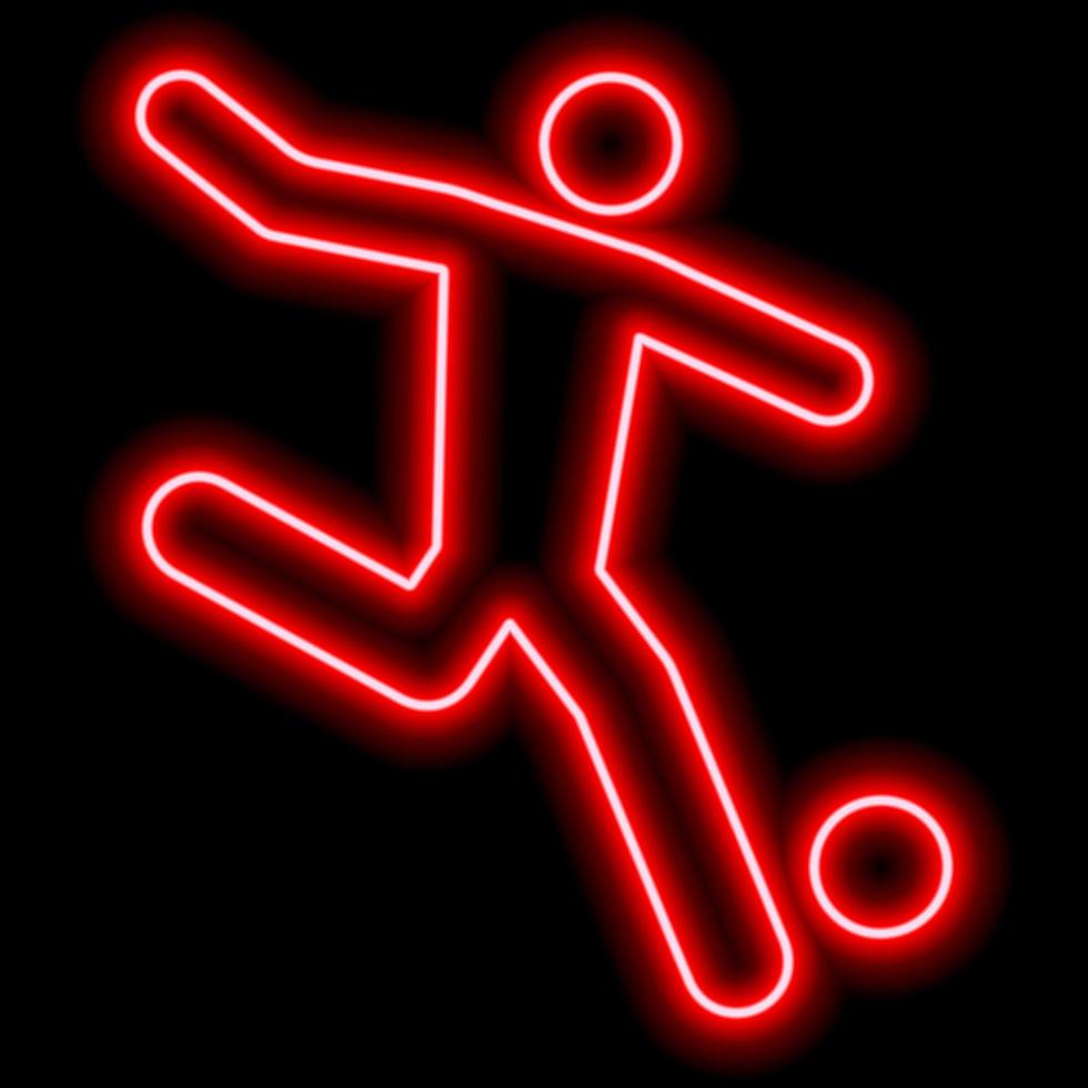 Neon red outline of a soccer player who hits the ball on black background vector