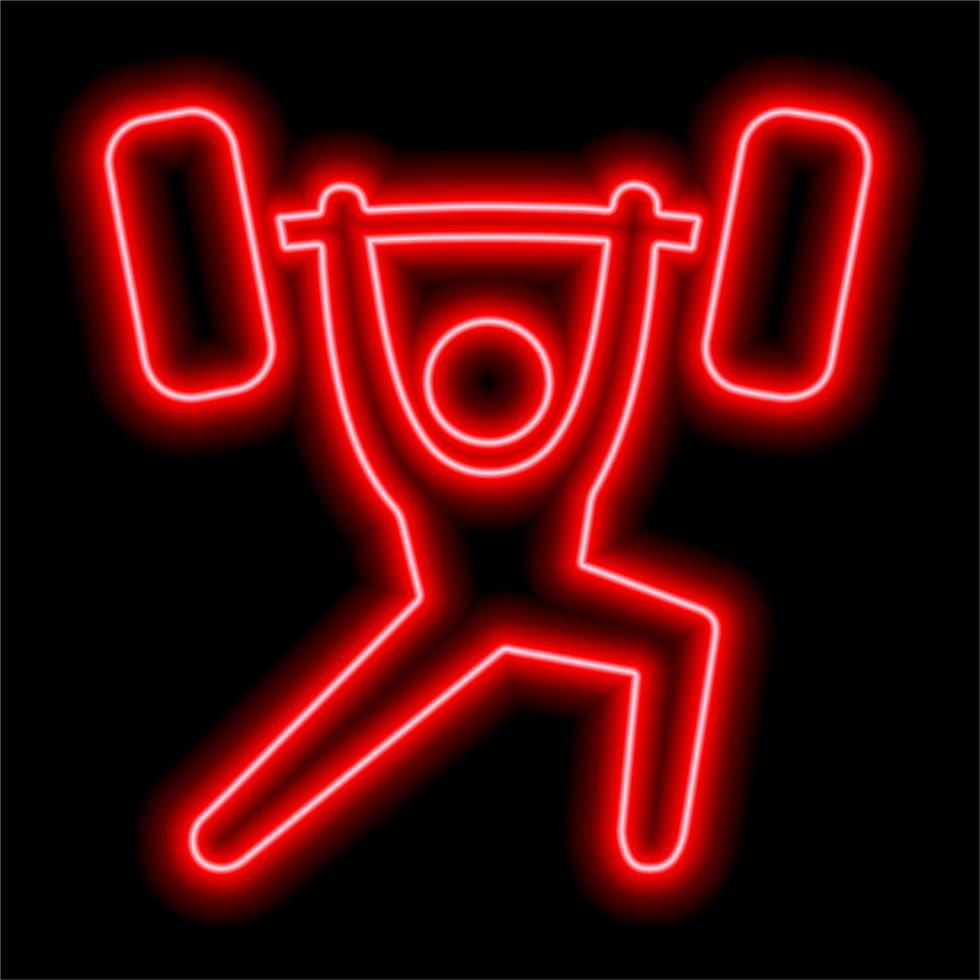 Neon red contour of a weightlifter lifting a barbell on a black background. vector