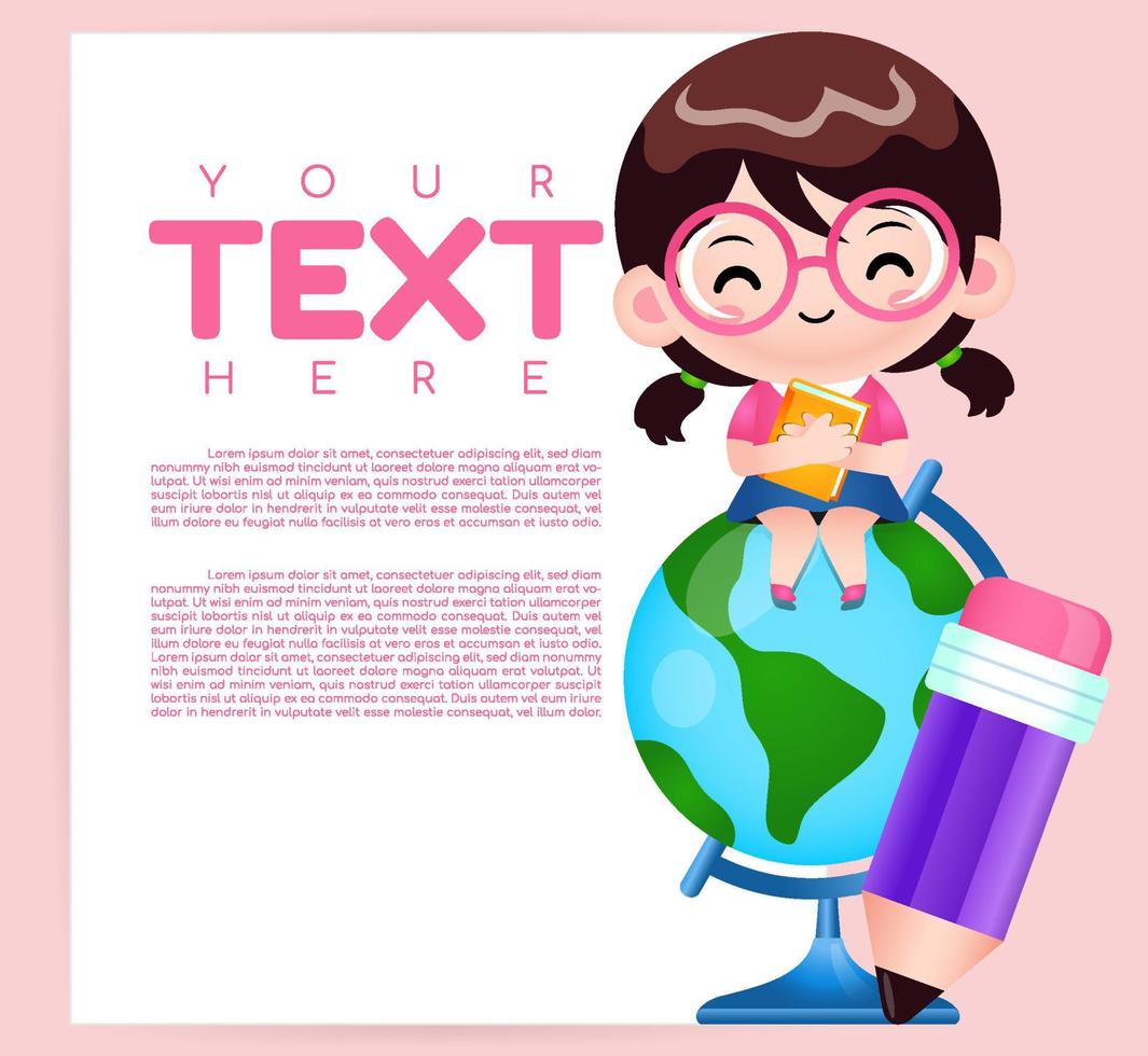 Cute Student Girl Hugging Book On The World Globe With Banner vector