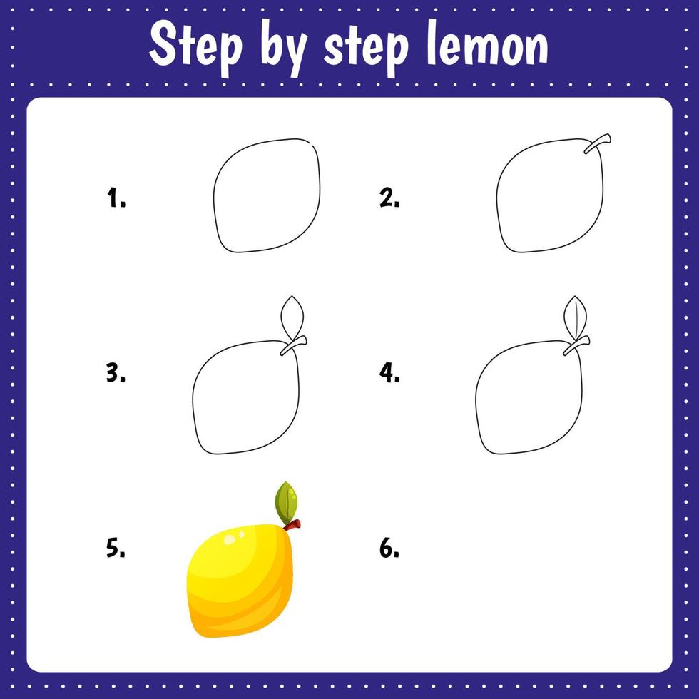 Educational worksheet for kids. Step by step drawing illustration. Lemon. Activity page for preschool education. vector